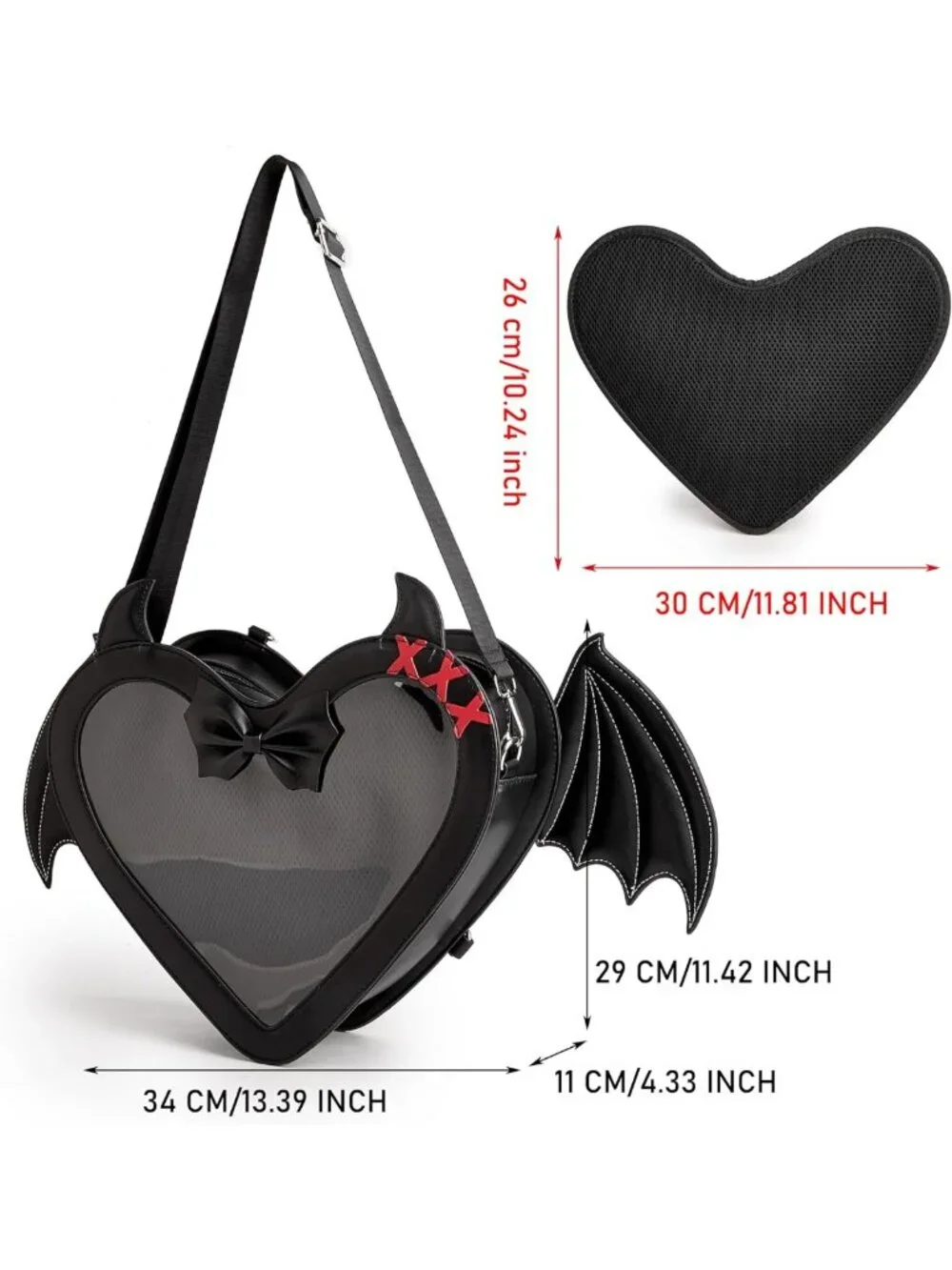 Gothic Heart Ita Bag Backpack Crossbody Purse with Bat Wings - Stylish & Unique